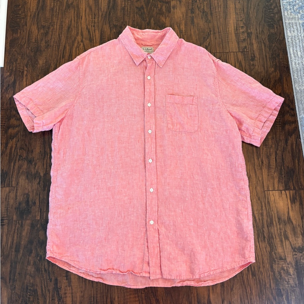 L.L. Bean 100% Linen Slightly Fitted Salmon Pink Button Down Shirt Size XL
